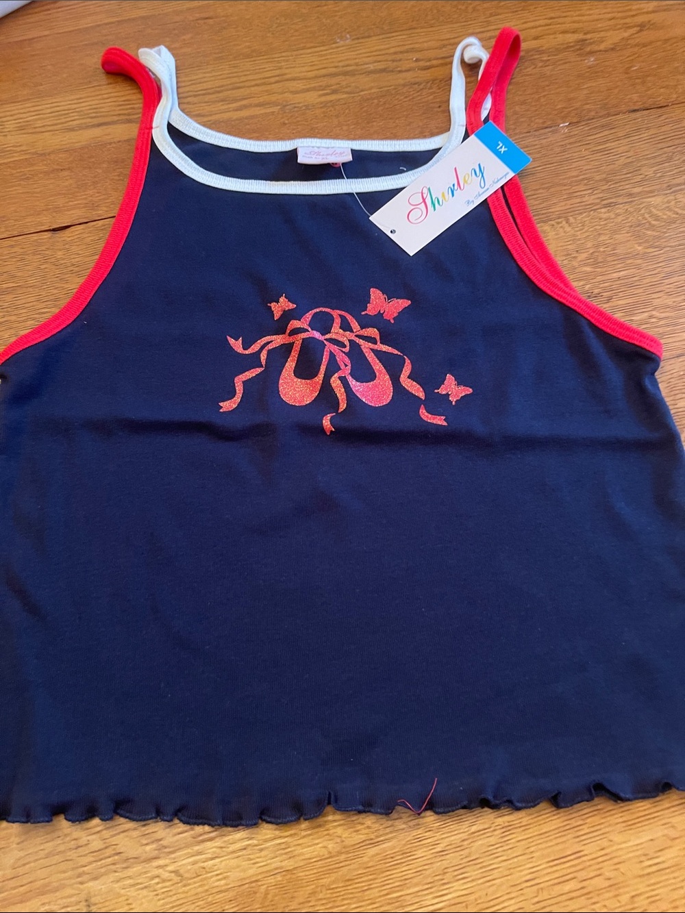 Girls' Black Tank Top with Red Glitter Ballet Motif